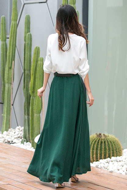 Emerald Green Linen Cotton Maxi Skirt - Swing Flared with Pockets 3539