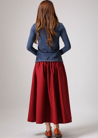 Red Linen Maxi Skirt - Elastic Waist with Front Buttons 876