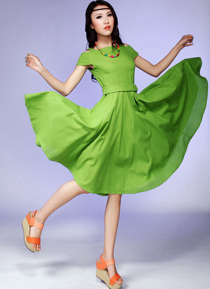Green Linen Dress - Cold Shoulder Cap Sleeve Flared Skirt 541