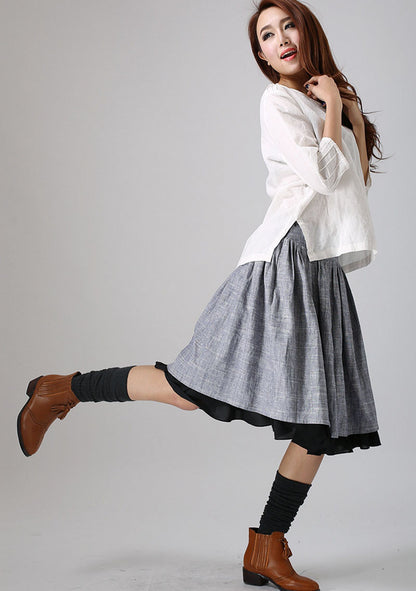 Gray Linen Cotton Blend Midi Skirt - Pleated Waist with Black Layered Hem 777