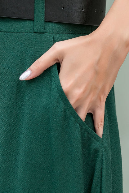 Emerald Green Linen Cotton Maxi Skirt - Swing Flared with Pockets 3539