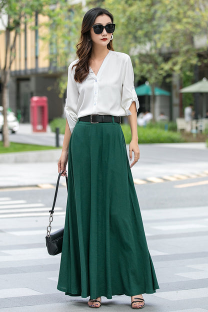 Emerald Green Linen Cotton Maxi Skirt - Swing Flared with Pockets 3539