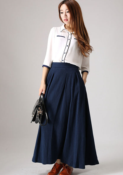 Classic A-Line Navy Linen Skirt – High Waist Maxi Silhouette – 855