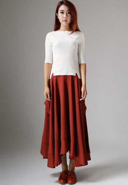Red Linen Maxi Skirt - Asymmetric Ruffle Hem Pockets | Xiaolizi 1044