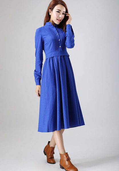 Blue Linen Midi Dress - Pleated Front, Long Sleeve 798