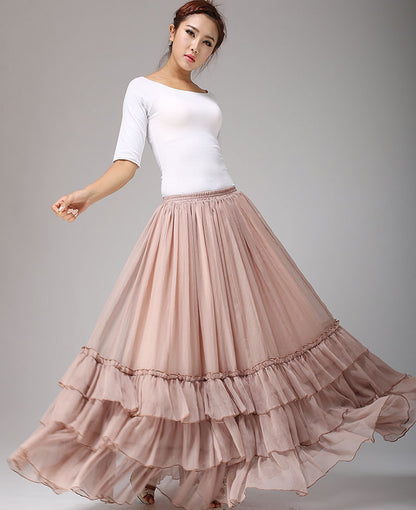 Handmade Pink Chiffon Long Skirt – Romantic Layered Summer Maxi for Women  0663