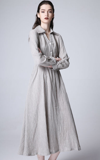 Gray Linen Maxi Dress - Flowy with Front Buttons 1166
