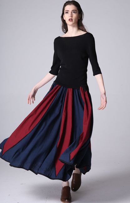 Royal Blue Red Patchwork Linen Maxi Skirt - Elastic Waist | Xiaolizi 1198
