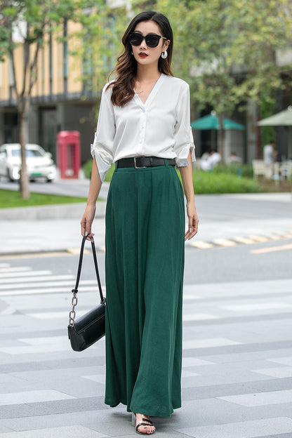 Emerald Green Linen Cotton Maxi Skirt - Swing Flared with Pockets 3539