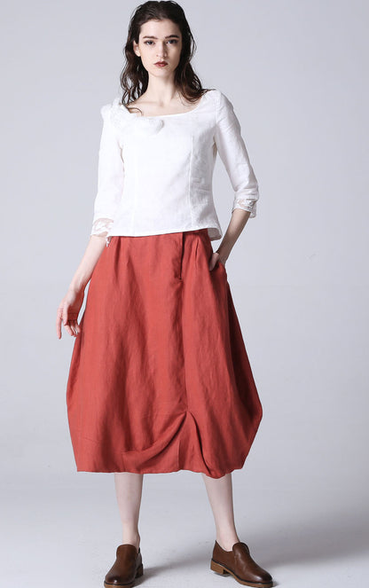 Orange Linen Maxi Skirt - Irregular Hem, Front Zipper 1194