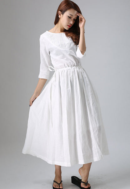 White Linen Cotton Maxi Dress - Pleated Front with Adjustable Waist 803
