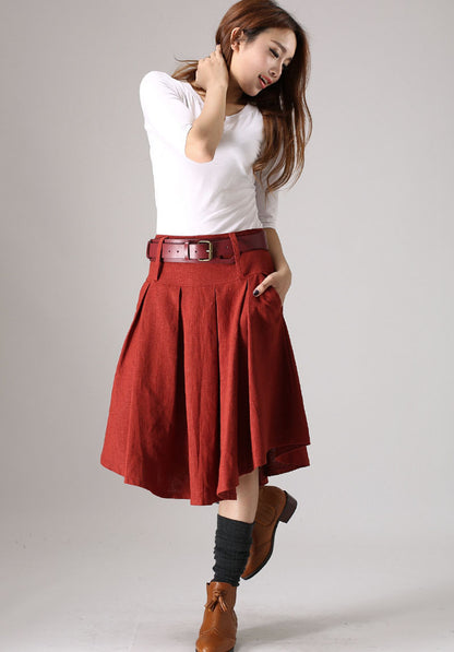 Red Linen Cotton Pleated Skirt with Irregular Hem and Pockets | Xiaolizi 0852