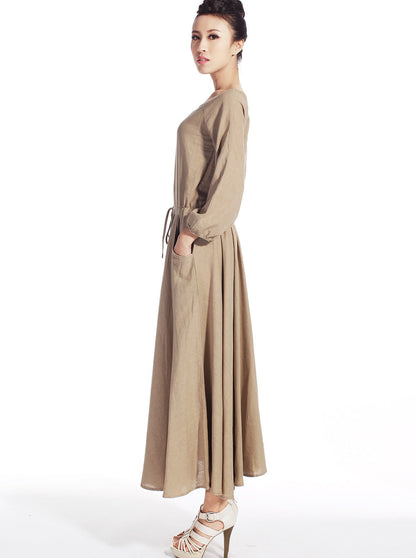 Khaki Linen Cotton Dress - Drawstring Waist Midi | Xiaolizi 515