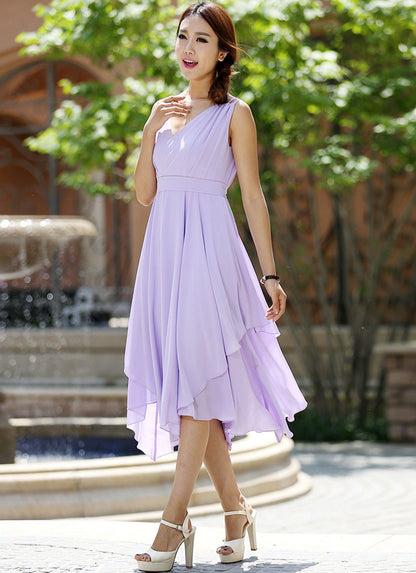 Purple Chiffon Maxi Dress - Irregular Hem, Waist-Defining Belt 1003