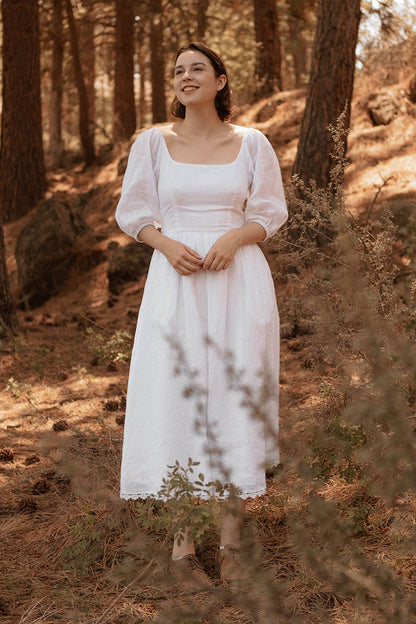White Linen Midi Dress - Vintage Fit and Flare with Scoop Neck 2740