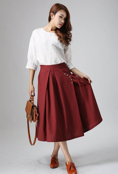 Wine Red Linen Midi Skirt - Pleated Detail with Back Elastic Waist 814
