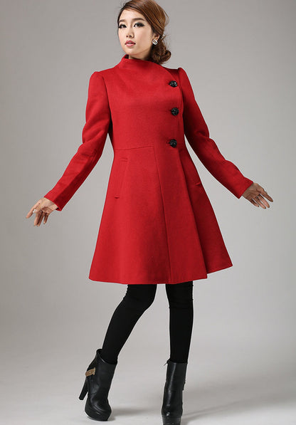 Women’s Red Cashmere Coat – Elegant High-Neck Winter Jacket with Asymmetric Closure 734