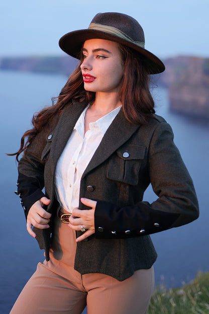 Handmade Army Green Wool Jacket – Vintage Military Short Coat with Belt | Xiaolizi 3910