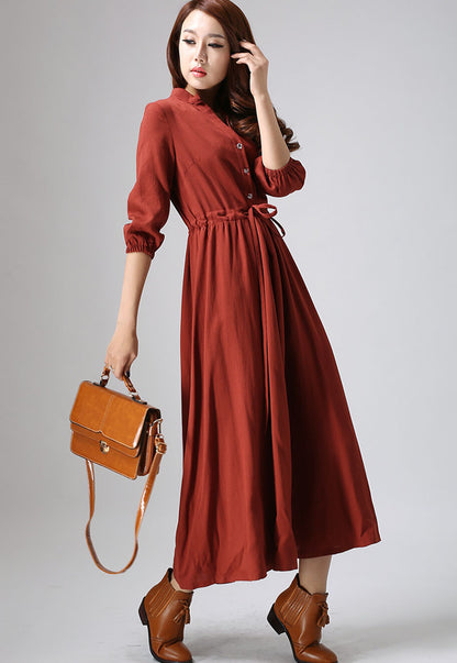 Rust Linen Maxi Shirt Dress with Drawstring Waist and Buttons | Xiaolizi 0804