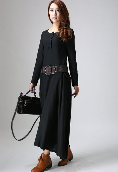 Black Linen Maxi Dress with Long Sleeves and Button Front  Xiaolizi