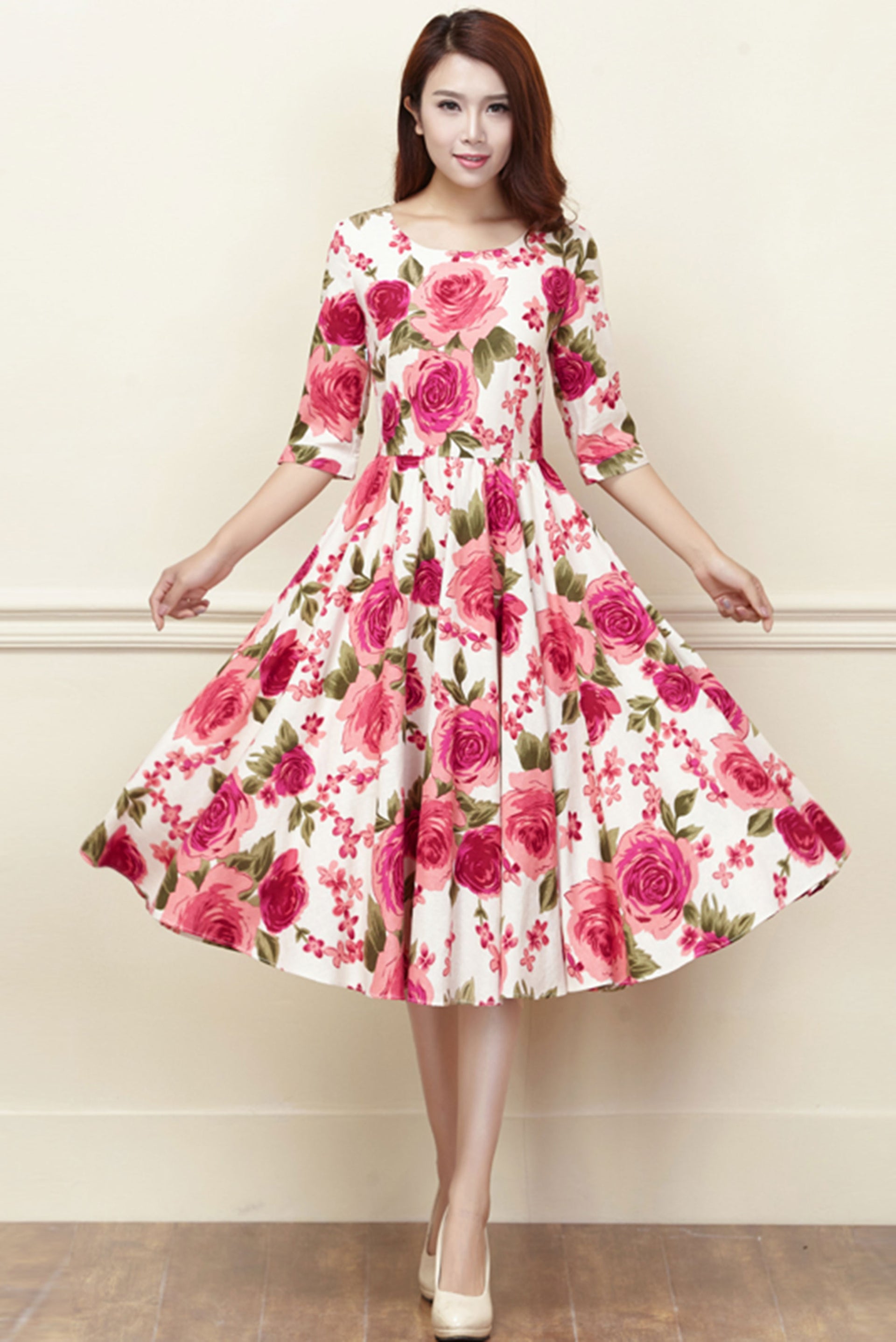 Peony Print Linen Midi Dress - High Waist Pleated