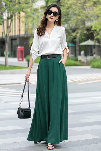 Emerald Green Linen Cotton Maxi Skirt - Swing Flared with Pockets 3539