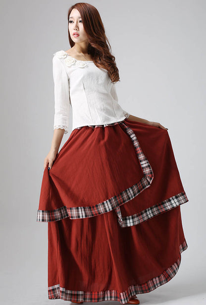 Red Linen Blend Maxi Skirt - Elastic Waist, Plaid Trim 818