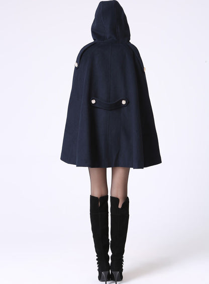 Navy Blue Hooded Wool Cape – Handmade Double-Breasted Winter Coat | Xiaolizi 1057