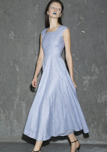Blue Linen Sleeveless Midi Dress - Side Zipper with Pockets 1316