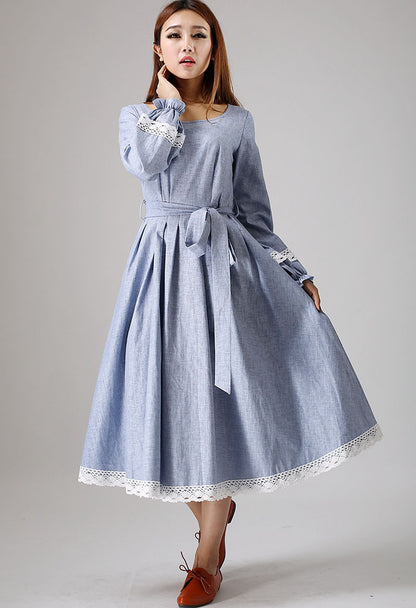 Blue Linen Maxi Dress - Lace-Trimmed, Long Sleeve 882