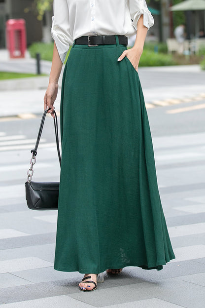 Emerald Green Linen Cotton Maxi Skirt - Swing Flared with Pockets 3539