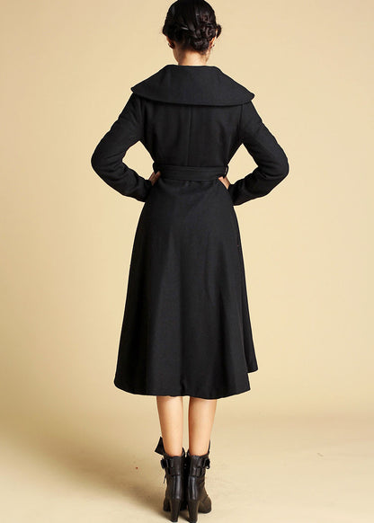 Black Wool Coat - Double Folded Collar with Self-Tie Waist 2113199813