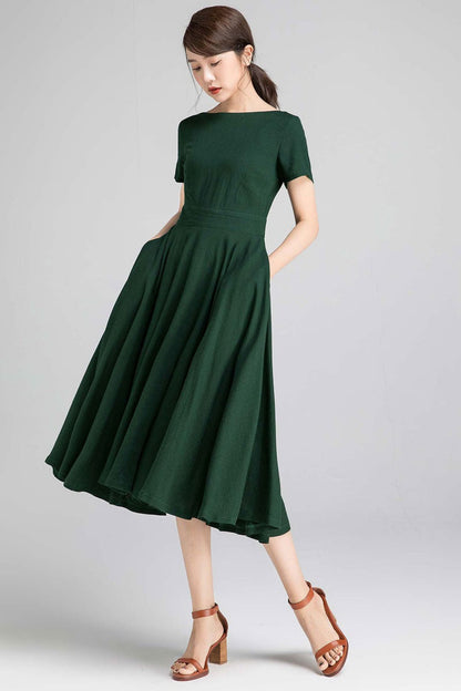 Minimalist Linen Blend Midi Dress – Elegant Fit and Flare Summer Dress  971
