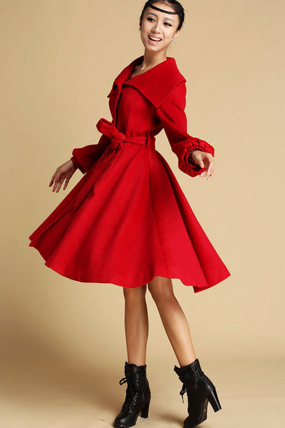 Army Green Wool Coat - Belted Swing Silhouette 3131