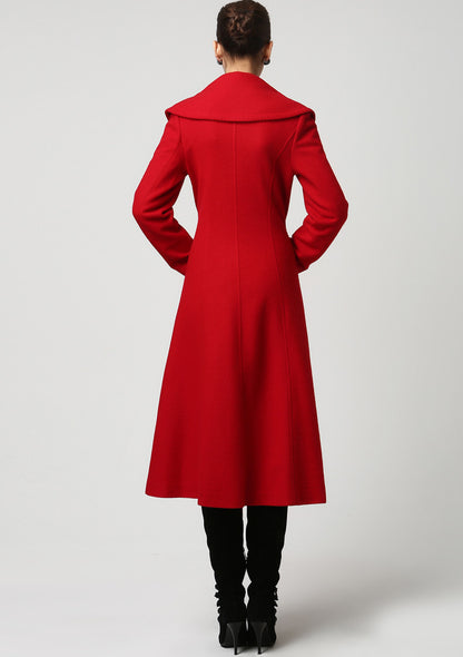 Red Wool Midi Coat – Double Breasted Winter Coat with Shawl Collar 1116
