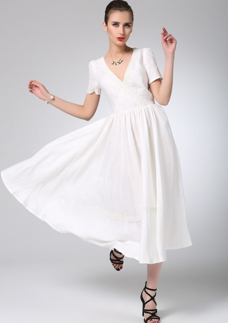 White linen dress prom dress maxi bridesmaid dress (1215)