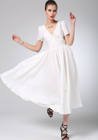 White Linen Maxi Dress - Flower Lace Detail, Adjustable Waist 1215