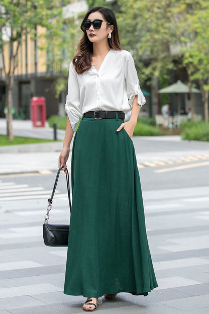 Emerald Green Linen Cotton Maxi Skirt - Swing Flared with Pockets 3539