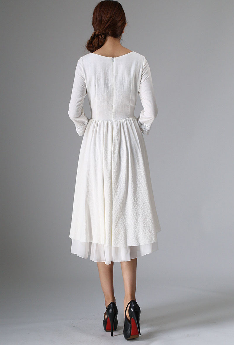Women's White Drawstring waisted white Linen Bridal Dress 0960# Xiaolizi Women's White Drawstring waisted white Linen Bridal Dress 0960# Xiaolizi