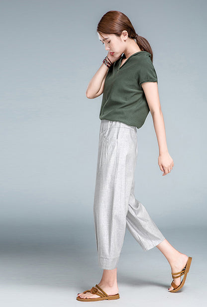 Gray Linen Cotton Casual Pants - Elastic Waist, Above Ankle Fit 2602