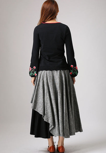 Gray Linen Maxi Skirt - Layered Pleated A-Line with Hip Pockets 868