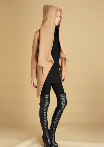 Camel Asymmetrical Wool Coat – Modern Short Winter Coat with Oversized Collar | Xiaolizi 436
