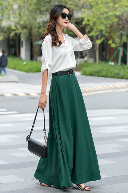 Emerald Green Linen Cotton Maxi Skirt - Swing Flared with Pockets 3539