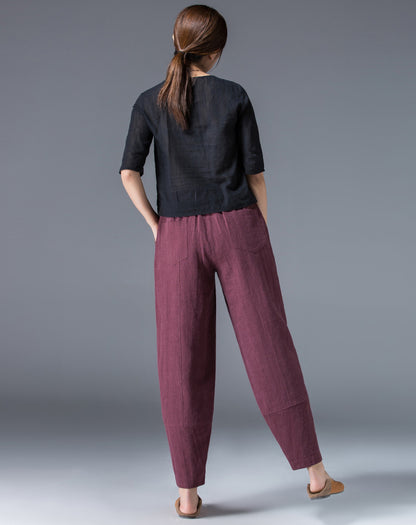 Navy Linen Cotton Ankle Pants - Elastic Waist Relaxed Fit 2504