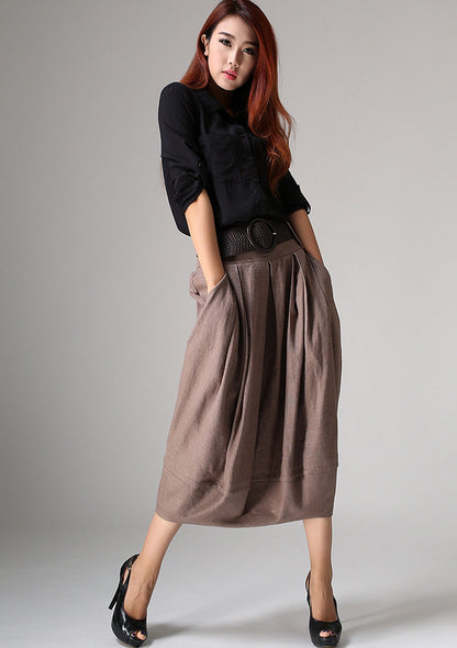 Linen Pleated Bubble Skirt – Vintage Inspired Midi Skirt with Waistband 1032