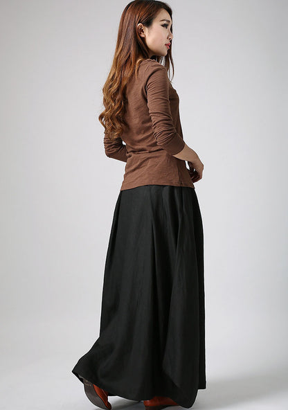 Black Linen Cotton Maxi Skirt – Handmade Custom Long Skirt for Women | Xiaolizi 0902