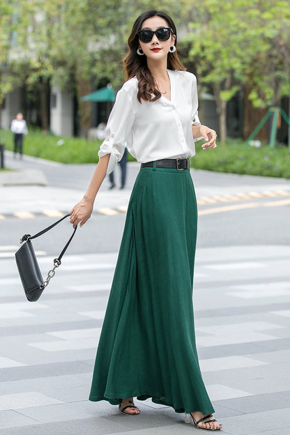 Emerald Green Linen Cotton Maxi Skirt - Swing Flared with Pockets 3539