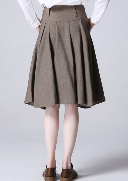 Beige Linen Midi Skirt - Pleated, Wide Waistband 1193