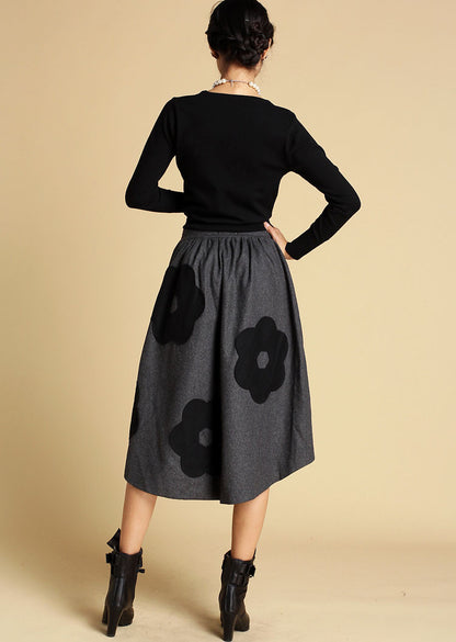 Grey Wool Blend Hi-Lo Skirt - Appliqué Detail | Xiaolizi 350