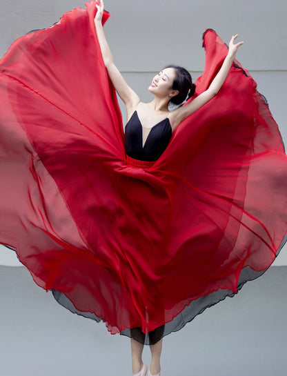 Red Chiffon Reversible Maxi Skirt - Big Swing, Elastic Waistband 2927